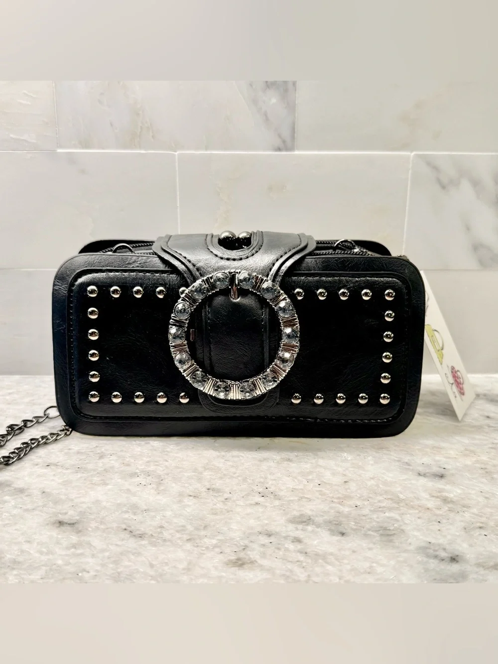 New Black Faux Leather Studded Crossbody Shoulder Bag Purse w/ Chain Strap 8”x4”